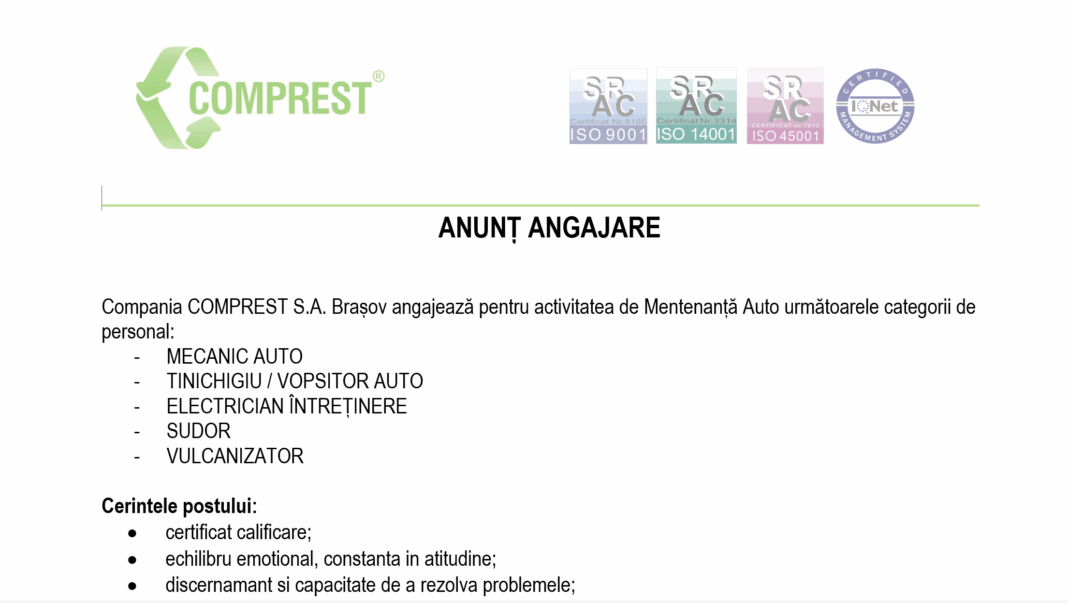 COMPREST S.A. Brașov angajează: MECANIC AUTO, TINICHIGIU / VOPSITOR AUTO, ELECTRICIAN ÎNTREȚINERE, SUDOR, VULCANIZATOR