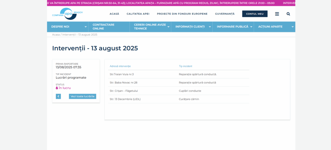 Compania de Apă Brașov anunță lucrări programate în 13 august 2025