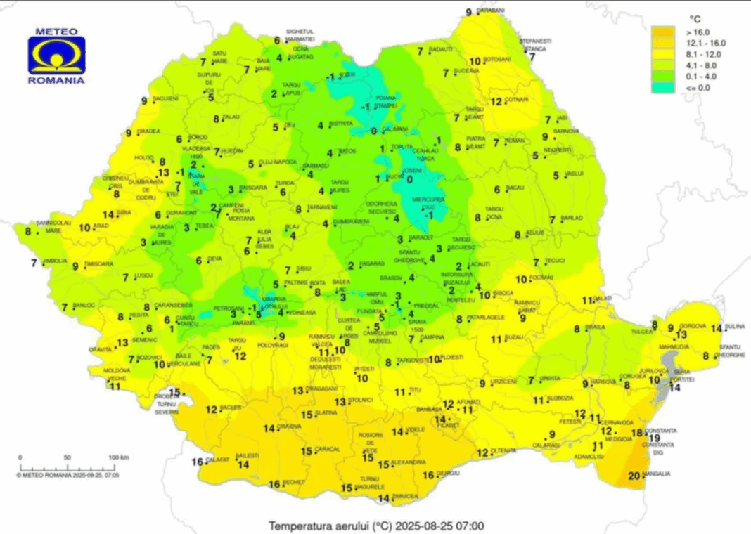 25 august 2025: Una dintre cele mai reci dimineți de vară, cu -1°C în mai multe zone din România