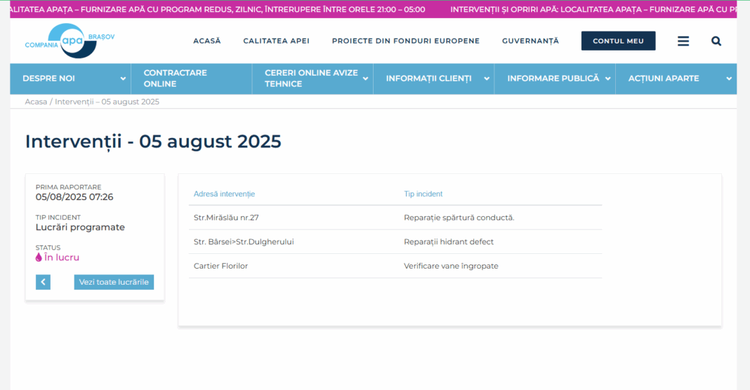 Compania Apa Brașov Intervenții programate în data de 5 august 2025