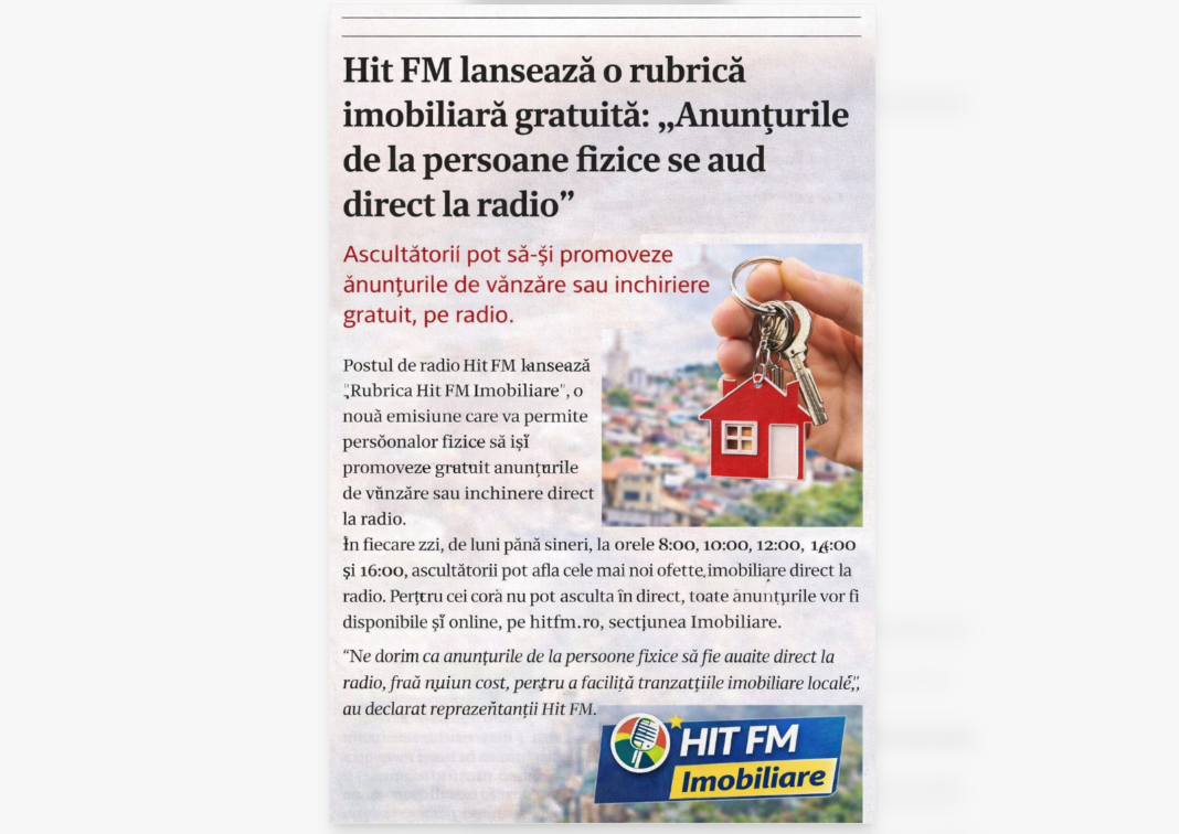 Hit FM BRAȘOV lansează rubrica „Hit FM Imobiliare”. Anunțurile de la persoane fizice se difuzează gratuit