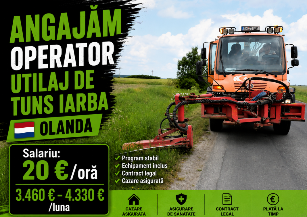 Salariu: 20 €/oră 3.460 € – 4.330 €/luna ANGAJĂM OPERATOR UTILAJ TĂIAT IARBĂ OLANDA