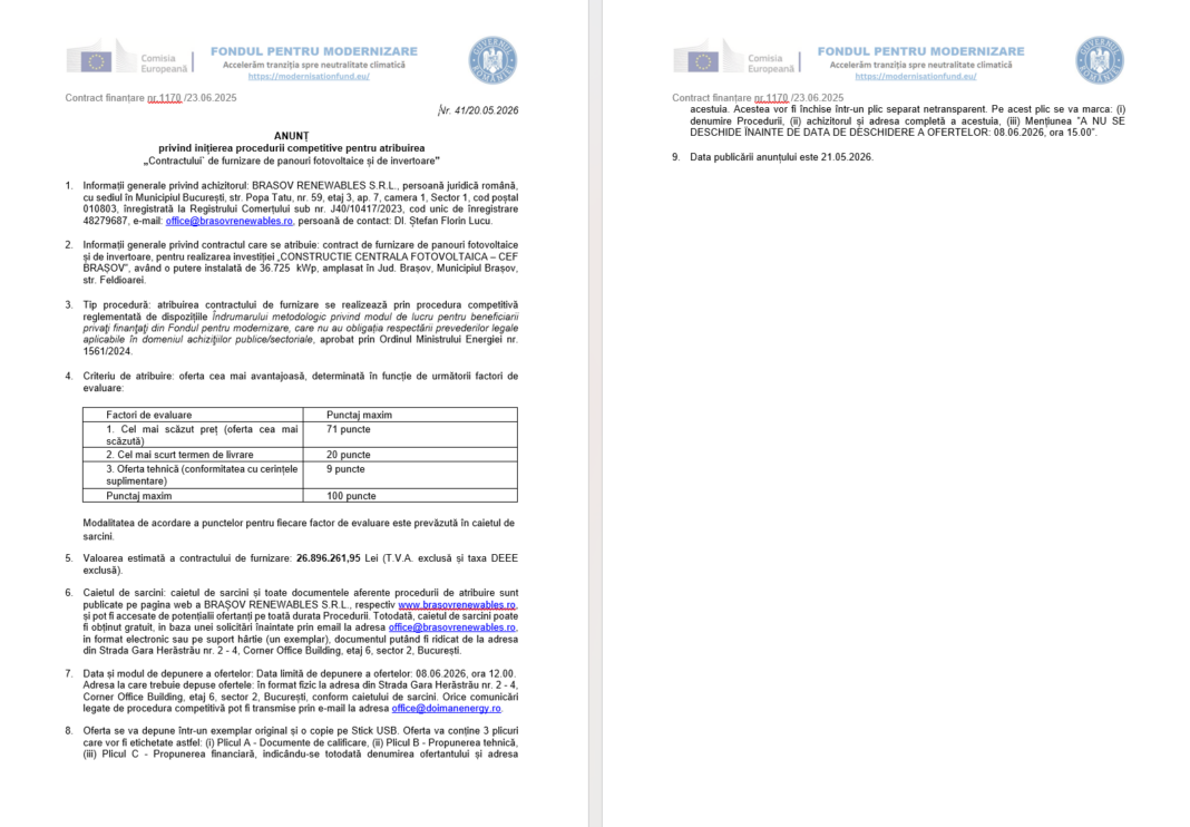 ANUNȚ privind inițierea procedurii competitive pentru atribuirea „Contractului` de furnizare de panouri fotovoltaice și de invertoare”