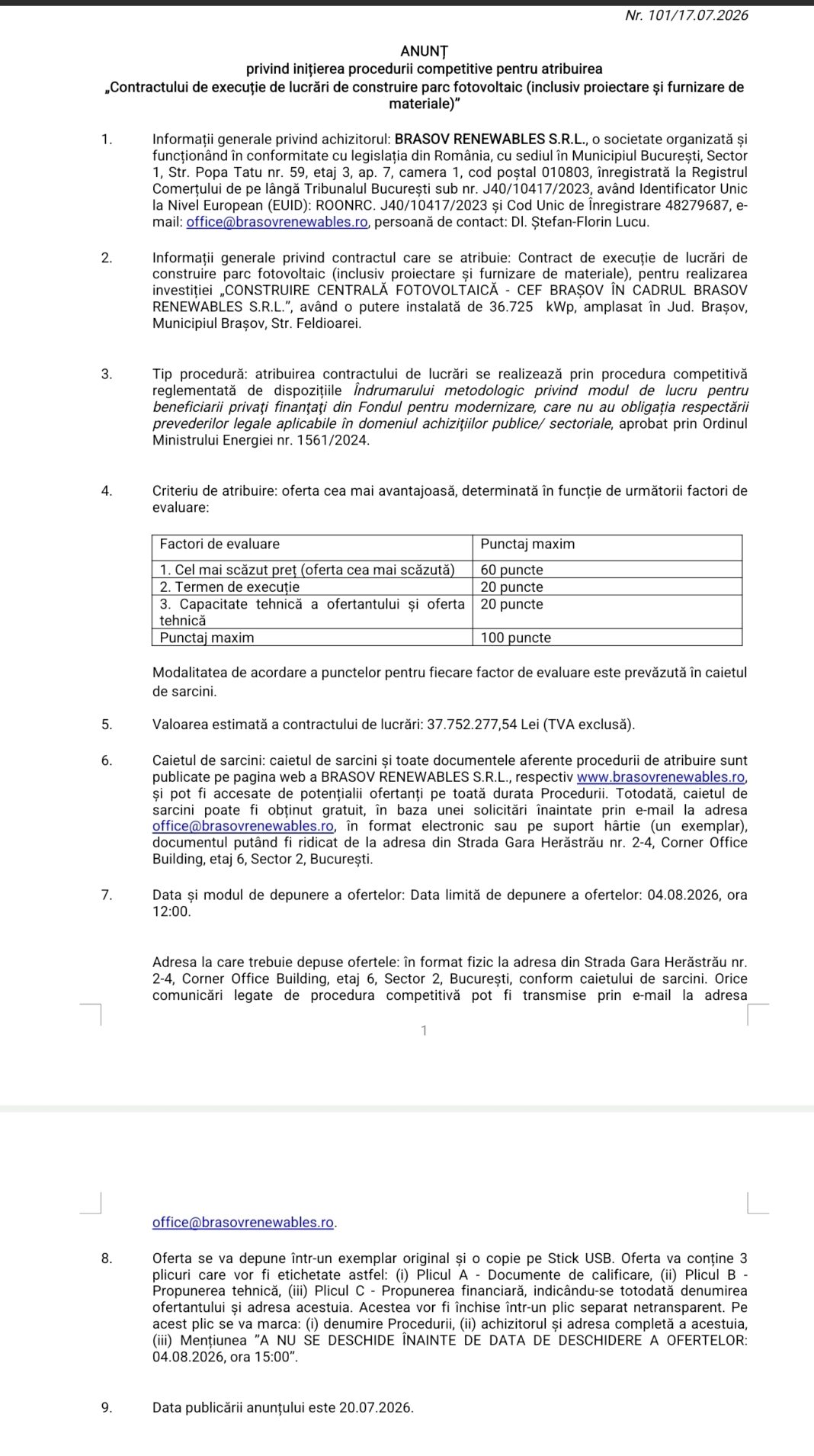 ANUNȚ privind inițierea procedurii competitive pentru atribuirea „Contractului de execuție de lucrări de construire parc fotovoltaic (inclusiv proiectare și furnizare de materiale)”