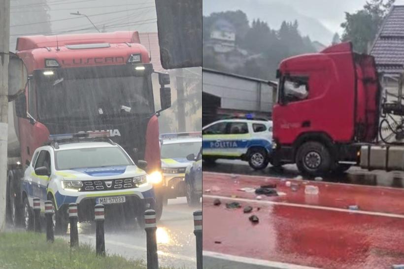O autospecială de Poliție, implicată într-un accident cu un TIR la Bușteni pe DN 1. Șoferul a fost extras cu dificultate de polițiști