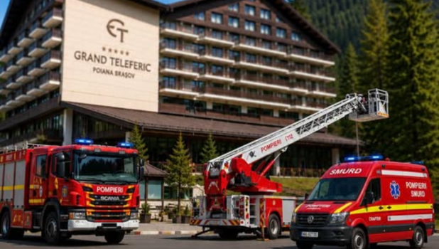 Zeci de autospeciale la Poiana Brașov: Exercițiu de urgență la Grand Hotel Teleferic