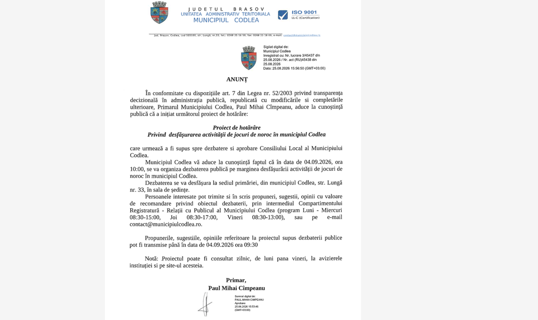 Codlea: Anunț dezbatere publică- Proiect de hotărâre privind desfășurarea activității de jocuri de noroc