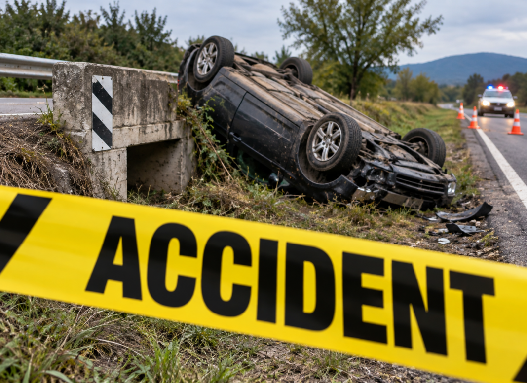 Coliziune violentă între Sâmbăta de Sus și Lisa: Vehicul lovit de un cap de pod și răsturnat, trei răniți