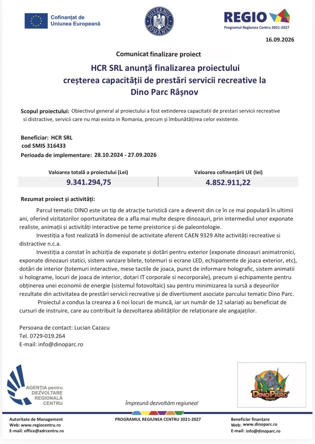 HCR SRL finalizează proiectul de extindere a serviciilor recreative la Dino Parc Râșnov
