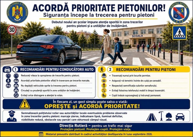 IPJ Brașov face apel la șoferi odată cu debutul anului școlar: „Siguranța rutieră depinde de tine!”