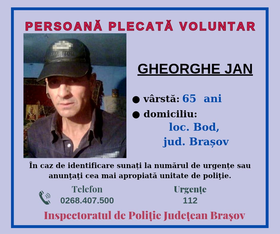Bărbat din Bod, dispărut: Poliția cere ajutorul cetățenilor