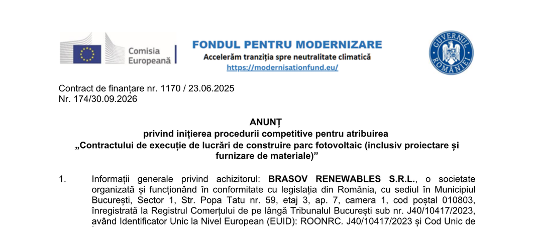 ANUNȚ privind inițierea procedurii competitive pentru atribuirea „Contractului de execuție de lucrări de construire parc fotovoltaic (inclusiv proiectare și furnizare de materiale)”